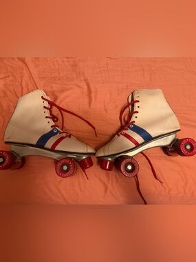 Vintage 1970’s-80’s White High-Top Roller Skates with Red & Blue Stripe Accents